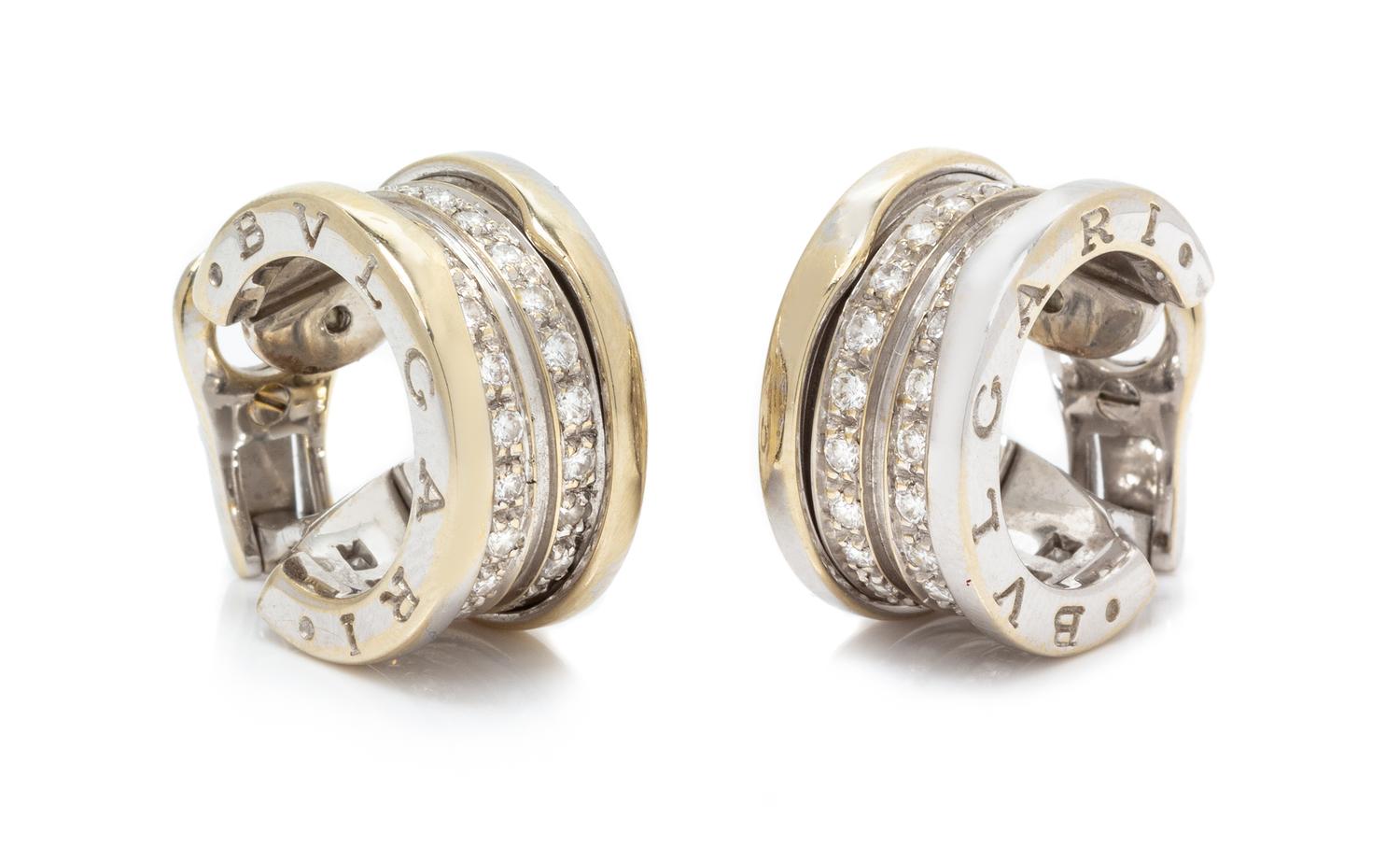 A Pair of 18 Karat White Gold and Diamond 'B.Zero1' Huggie Earclips, Bvlgari,