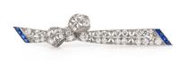 An Art Deco Platinum, Diamond and Sapphire Bow Bar Brooch, 5.80 dwts.