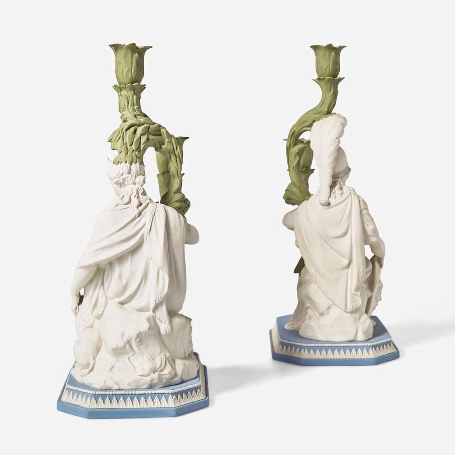 A Pair of Wedgwood Tricolor Jasperware Diana and Minerva Candlesticks UK, circa 2000