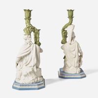 A Pair of Wedgwood Tricolor Jasperware Diana and Minerva Candlesticks UK, circa 2000