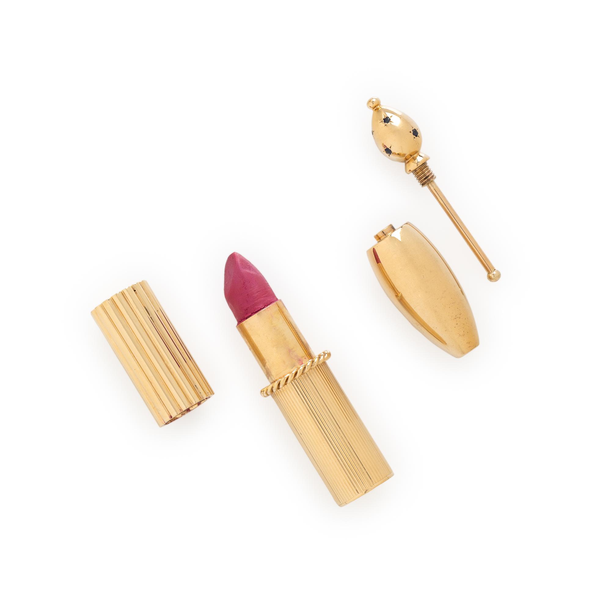 CARTIER, YELLOW GOLD LIPSTICK CASE AND UNSIGNED PERFUME BOTTLE