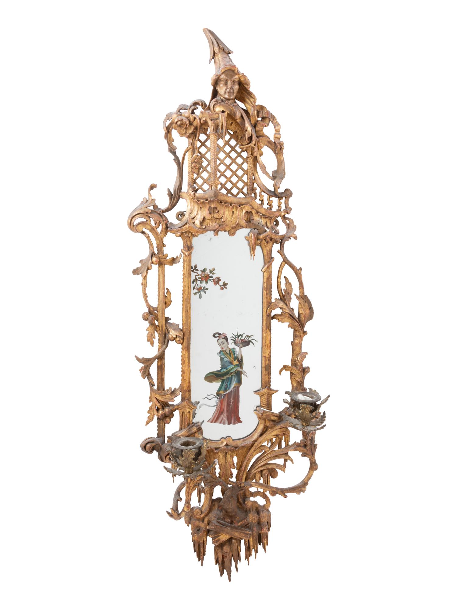 A Pair of Chinese Chippendale Giltwood and Reverse-Painted Glass Mirrors