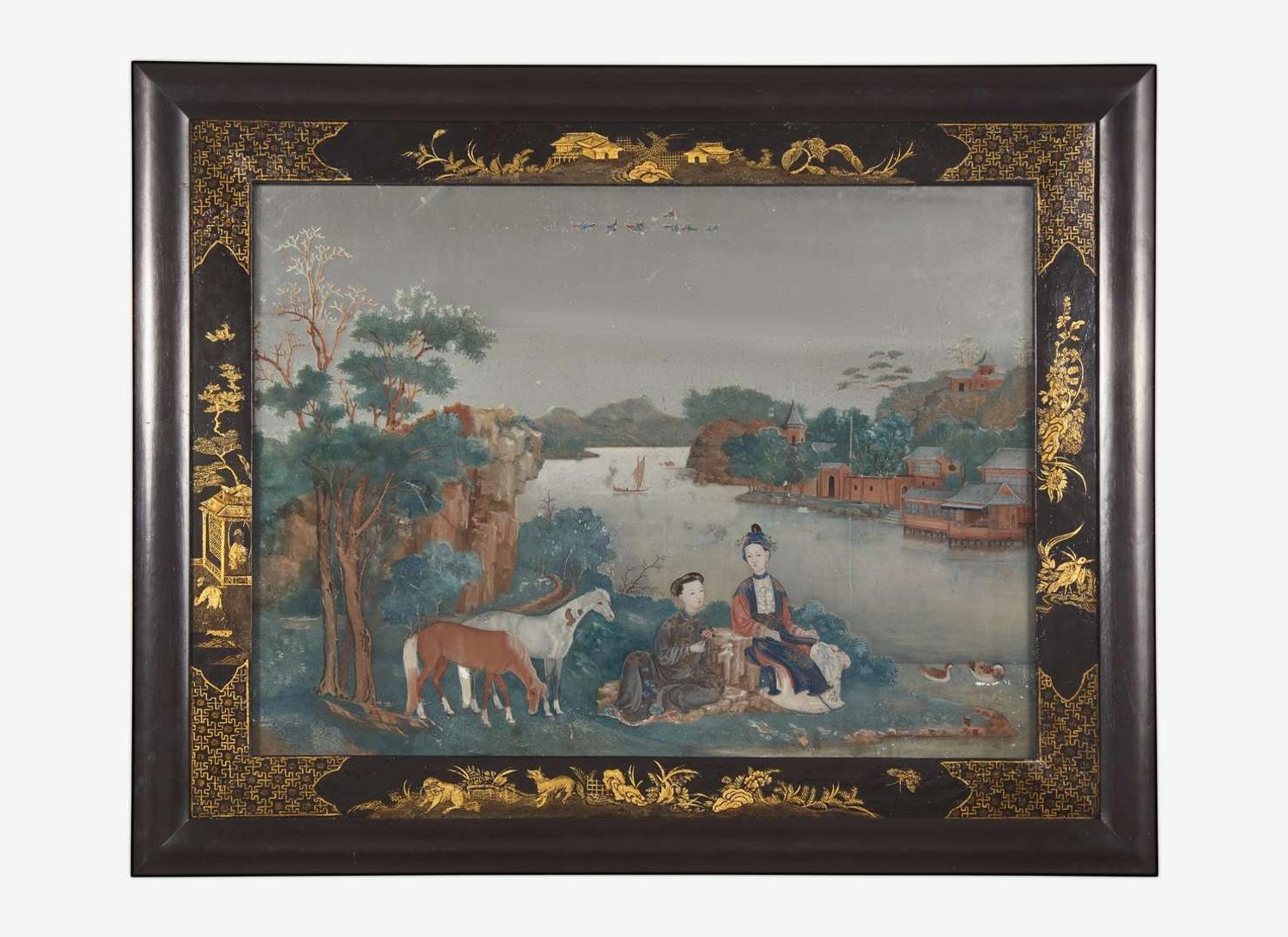 A finely-painted Chinese export reverse-painted mirror, circa 1750 出口彩繪鏡子 約1750