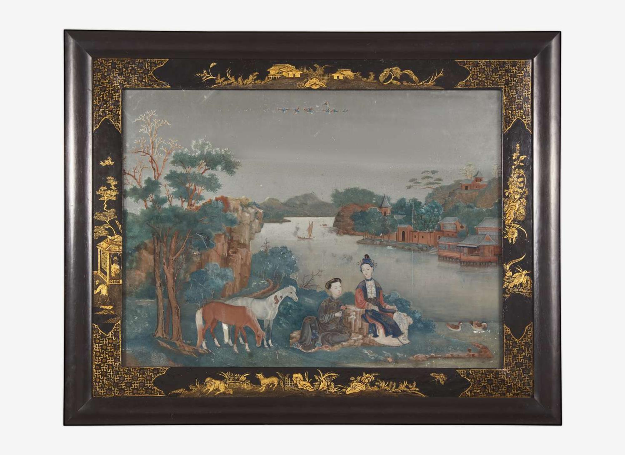 A finely-painted Chinese export reverse-painted mirror, circa 1750 出口彩繪鏡子 約1750