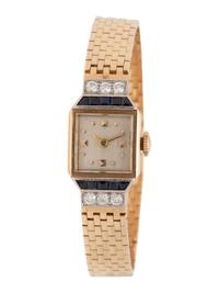 14K YELLOW GOLD, SYNTHETIC SAPPHIRE AND DIAMOND WRISTWATCH
