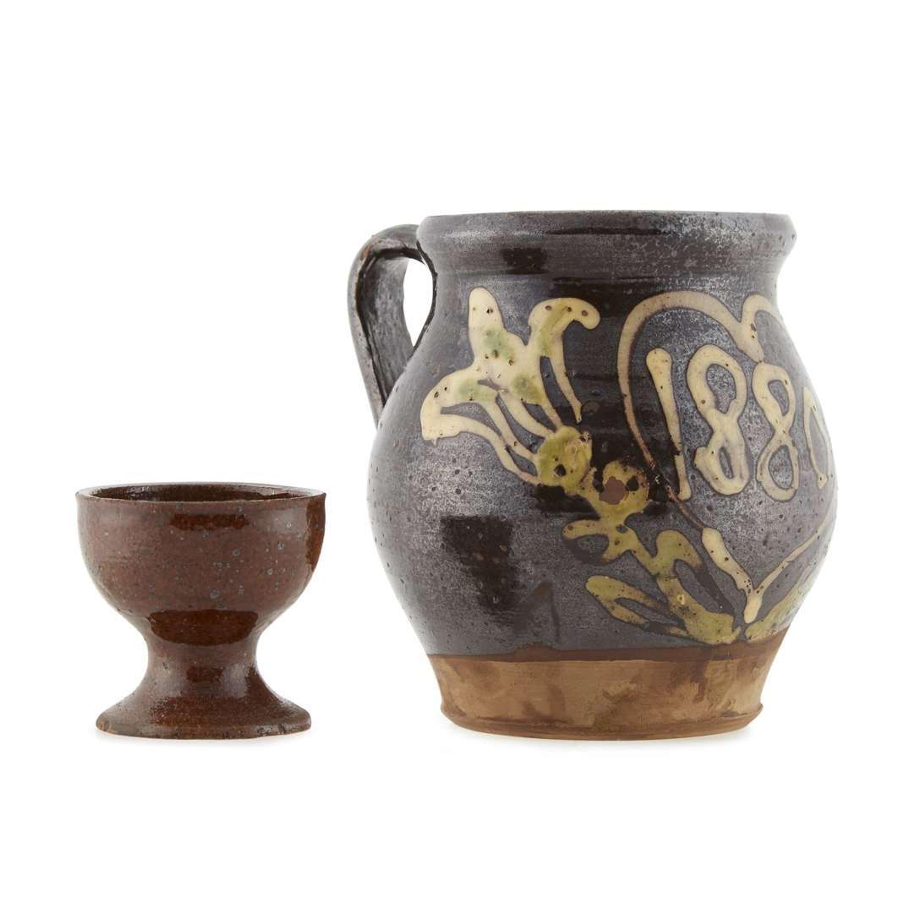 Glazed redware jug and salt cellar Probably Pennsylvania, 19th century
