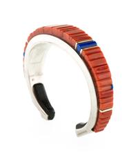 Silver, Coral, Lapis, and Ironwood Cuff Bracelet, with Gold Accents Lot is located and will ship from Denver, Colorado.