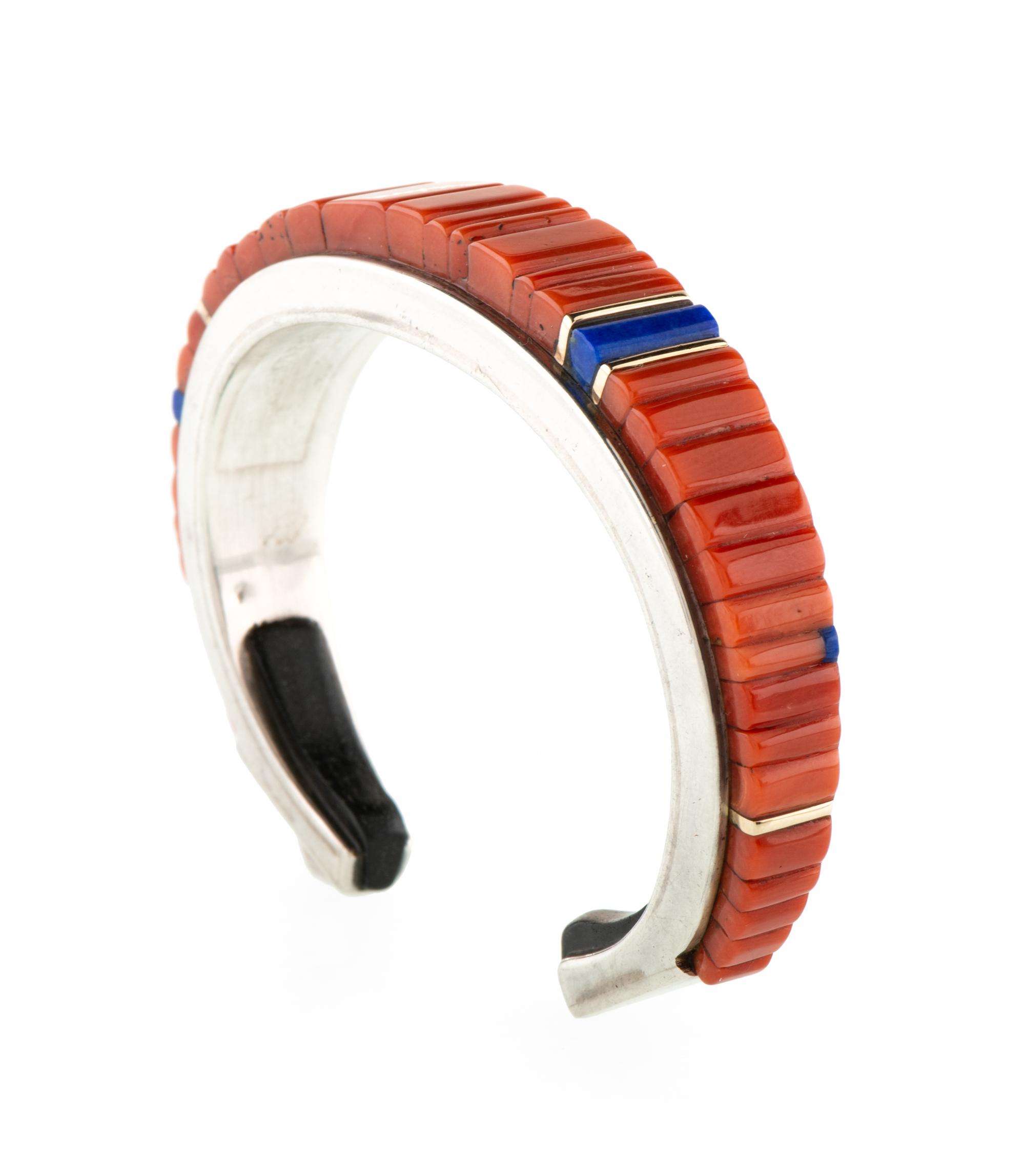 Silver, Coral, Lapis, and Ironwood Cuff Bracelet, with Gold Accents Lot is located and will ship from Denver, Colorado.