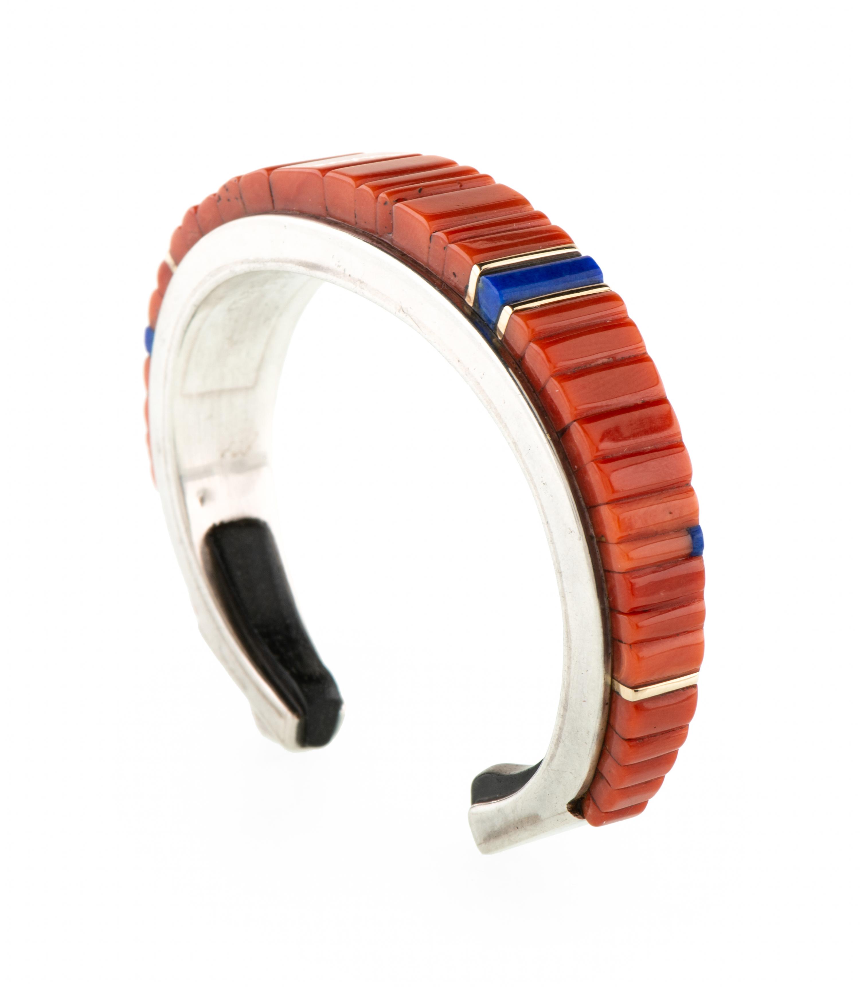 Silver, Coral, Lapis, and Ironwood Cuff Bracelet, with Gold Accents Lot is located and will ship from Denver, Colorado.