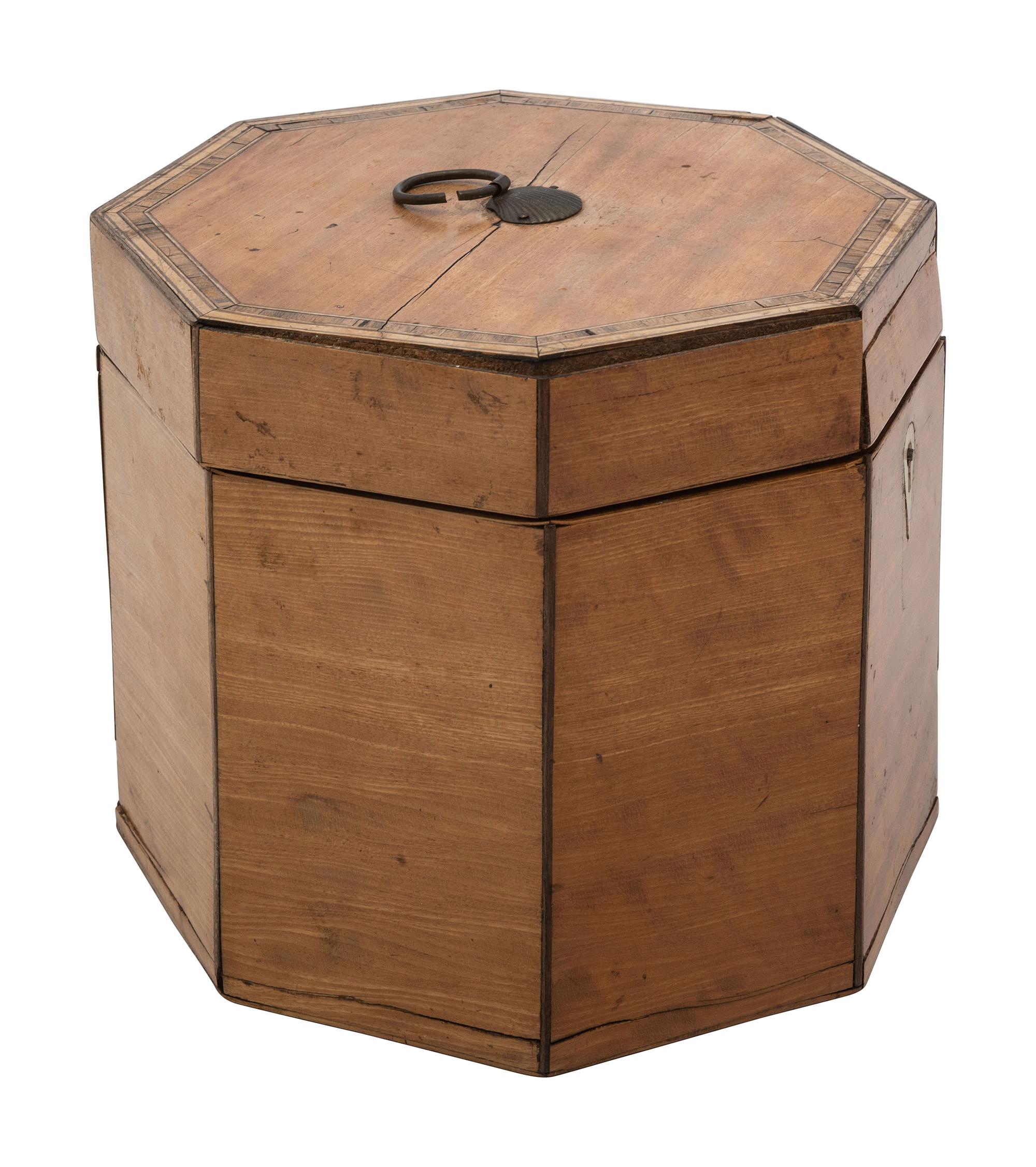 A George III Octagonal Walnut Tea Caddy with Satinwood Inlay