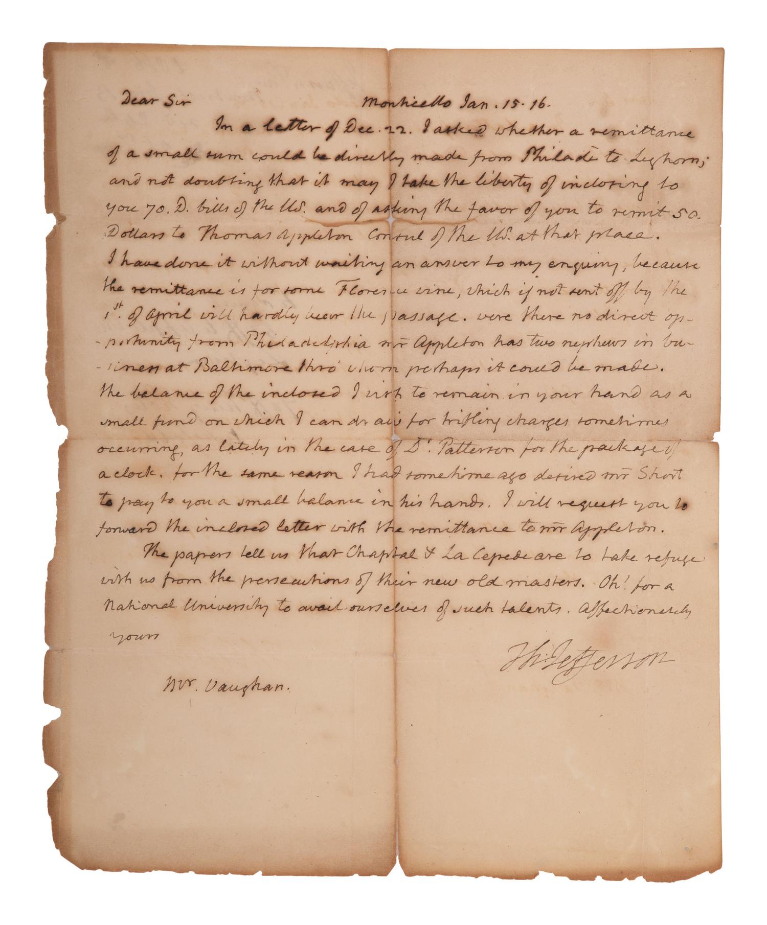 JEFFERSON, Thomas (1743-1826). Autograph letter signed ("Th. Jefferson"), to John Vaughan (1756-1841). Monticello, 15 January 1816. 1 page, 4to, docketing to verso, toning and separations at old creases, with neat tissue repairs to verso.