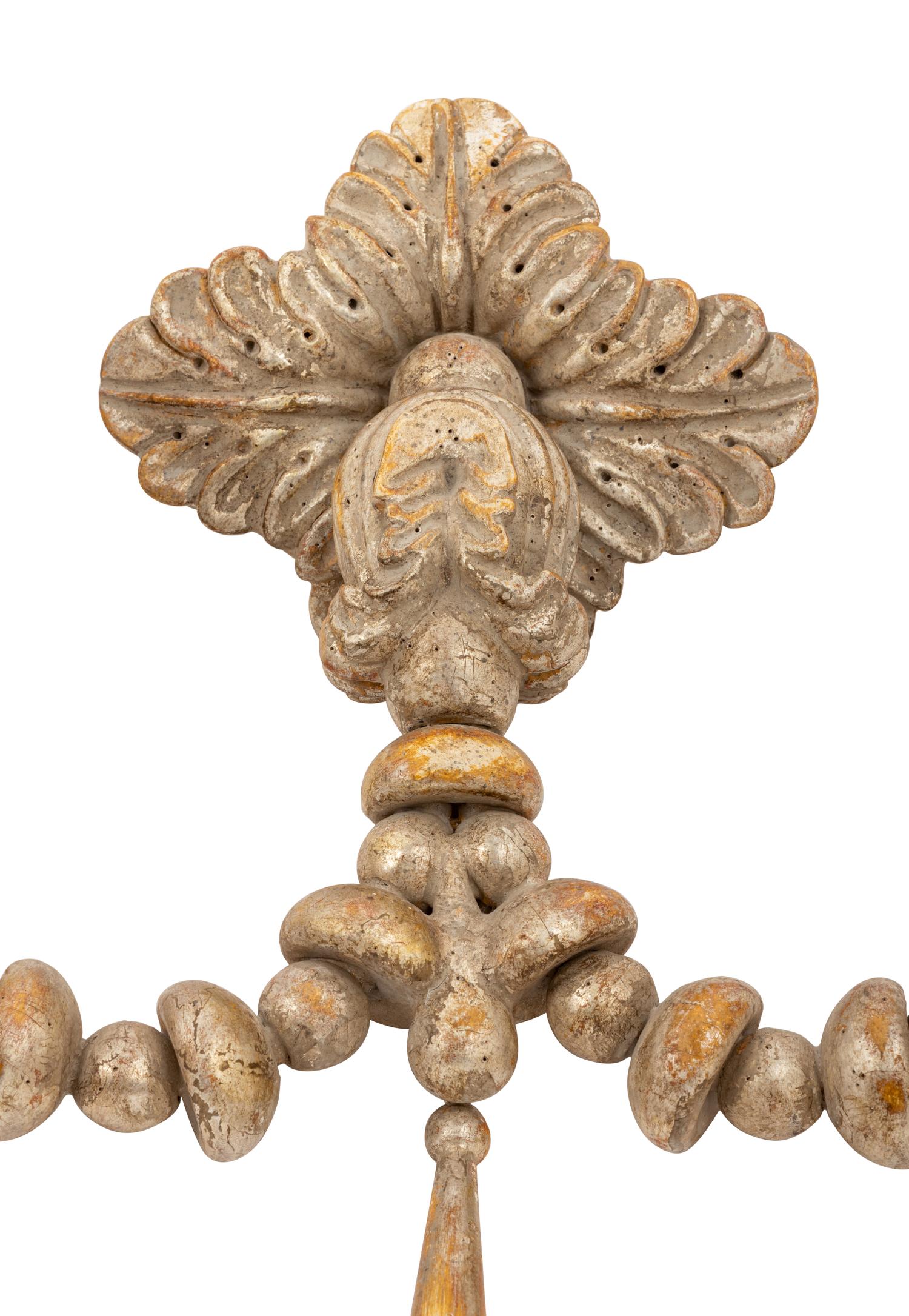 A Pair of Continental Silvered Wood Two-Light Sconces