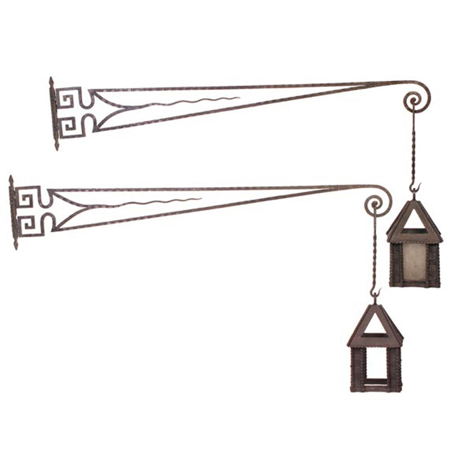 A Pair of French Fer Forge Lanterns and Brackets 61.5" W x 9" D x 32"H — France, Circa 1920