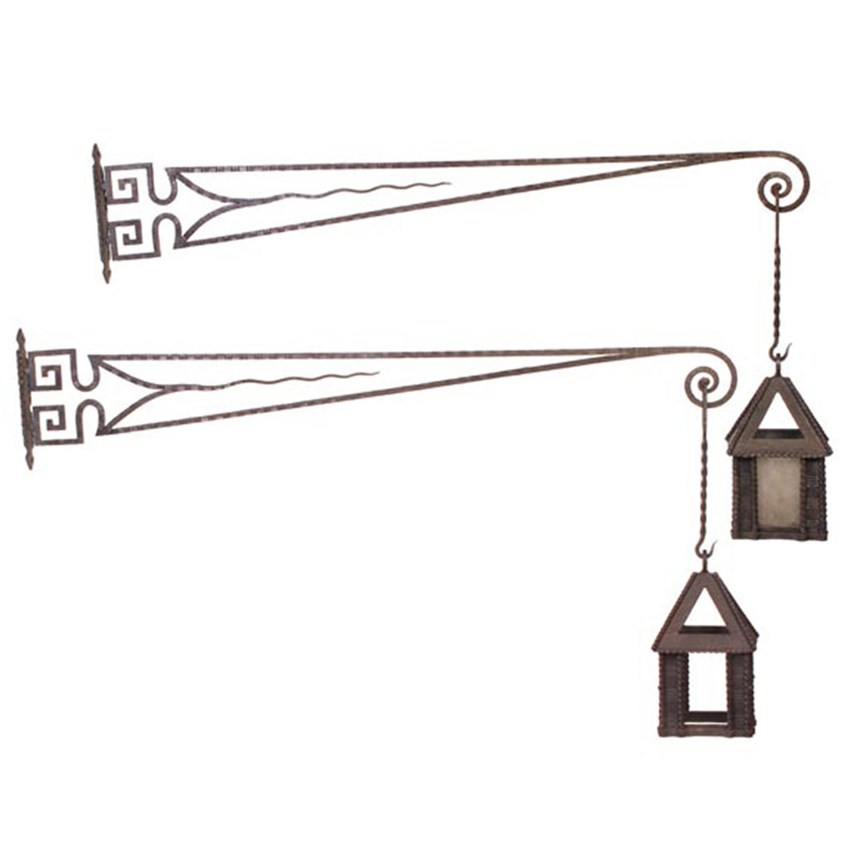 A Pair of French Fer Forge Lanterns and Brackets 61.5" W x 9" D x 32"H — France, Circa 1920