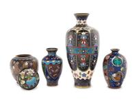 Four Japanese Black Ground Cloisonné Enamel Vessels