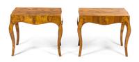 A Pair of Italian Burlwood Side Tables, Height 22 x width 25 3/4 x depth 21 3/8 inches.