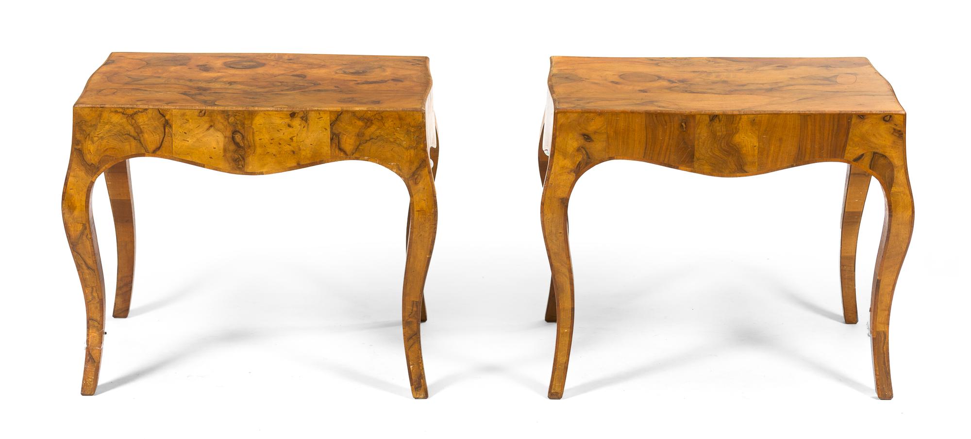 A Pair of Italian Burlwood Side Tables, Height 22 x width 25 3/4 x depth 21 3/8 inches.