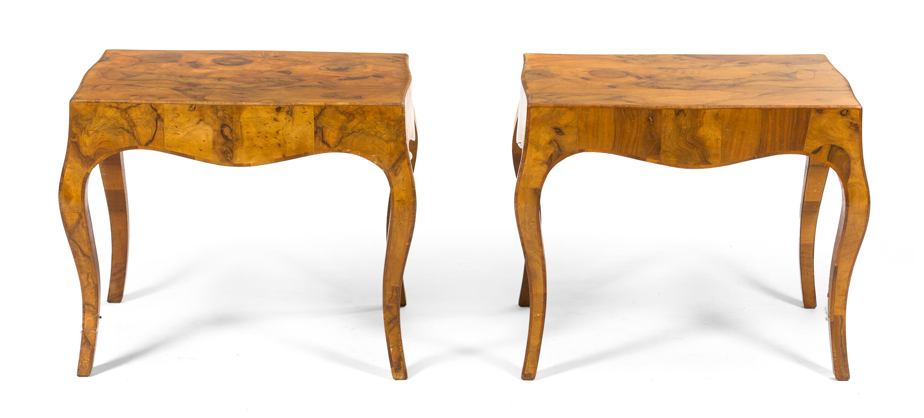 A Pair of Italian Burlwood Side Tables, Height 22 x width 25 3/4 x depth 21 3/8 inches.