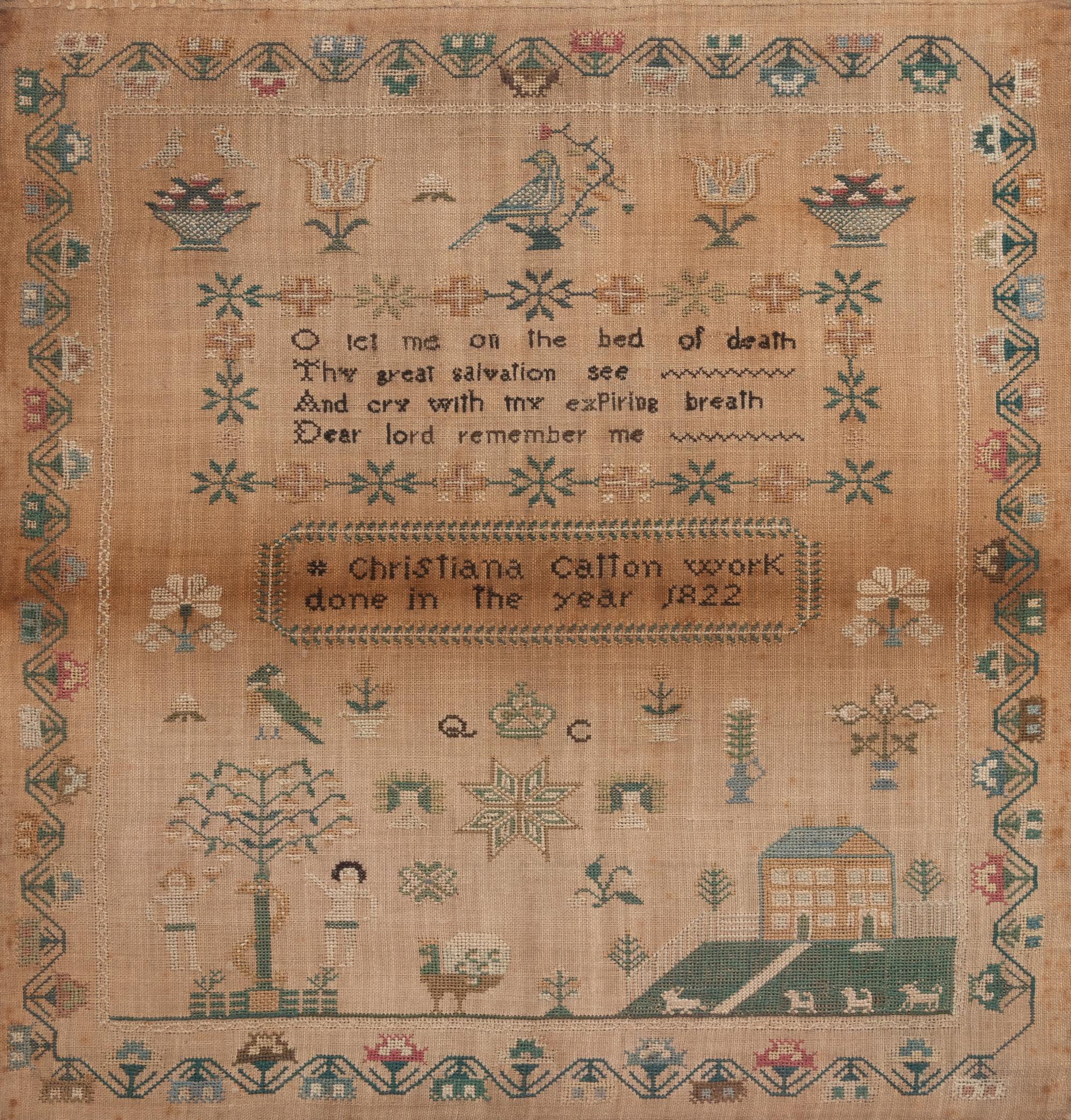 A Cotton and Wool Schoolgirl's Needlework Embroidered Sampler