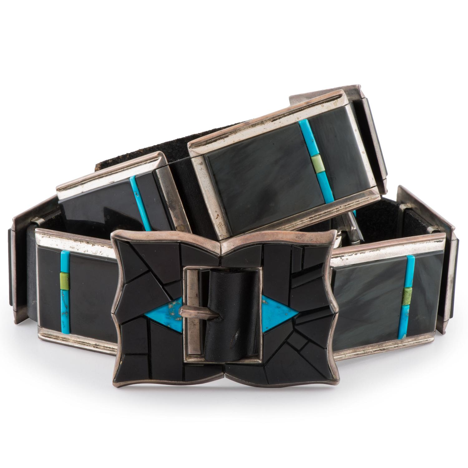 Sterling Silver, Black Jade, Turquoise, and Serpentine Concha Belt