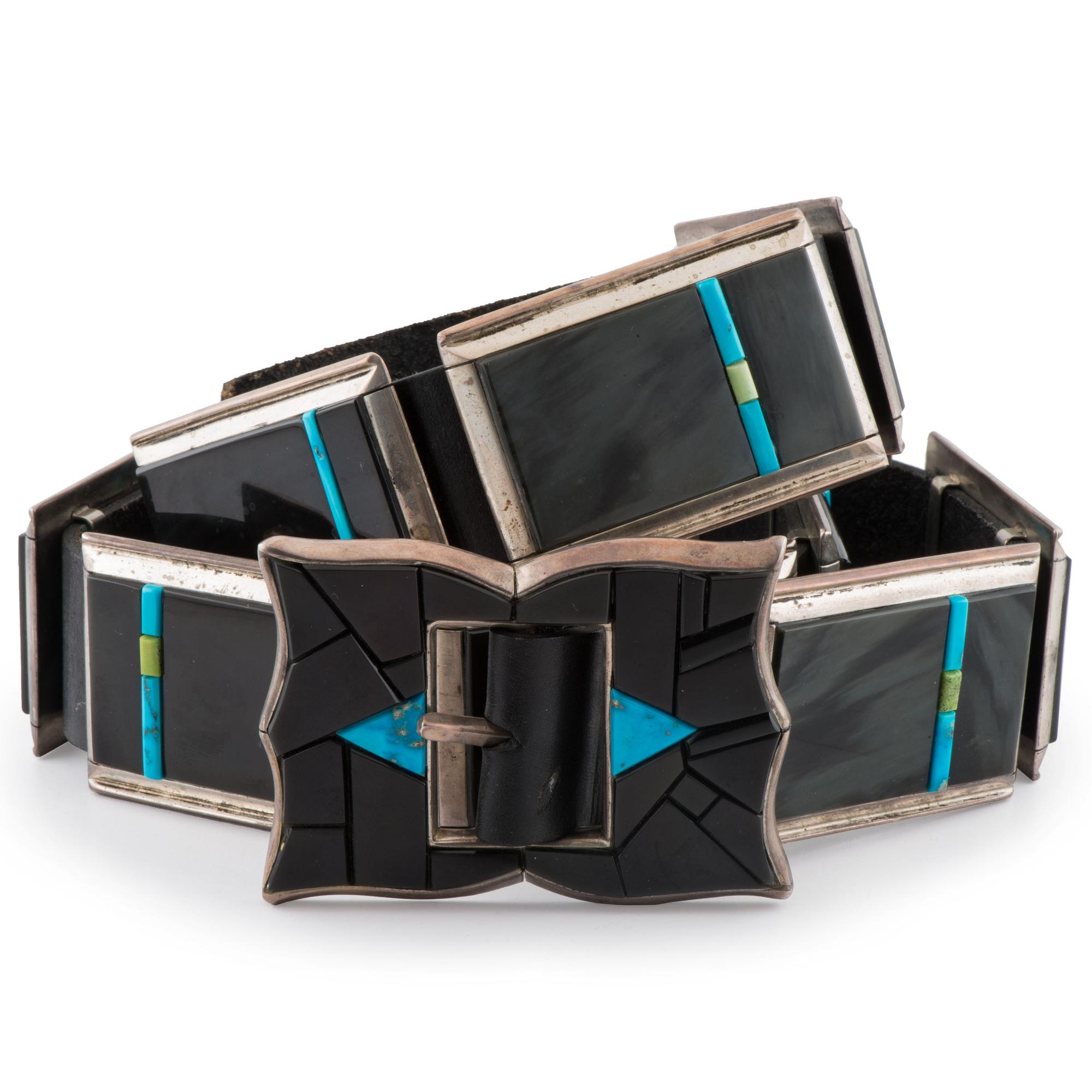 Sterling Silver, Black Jade, Turquoise, and Serpentine Concha Belt