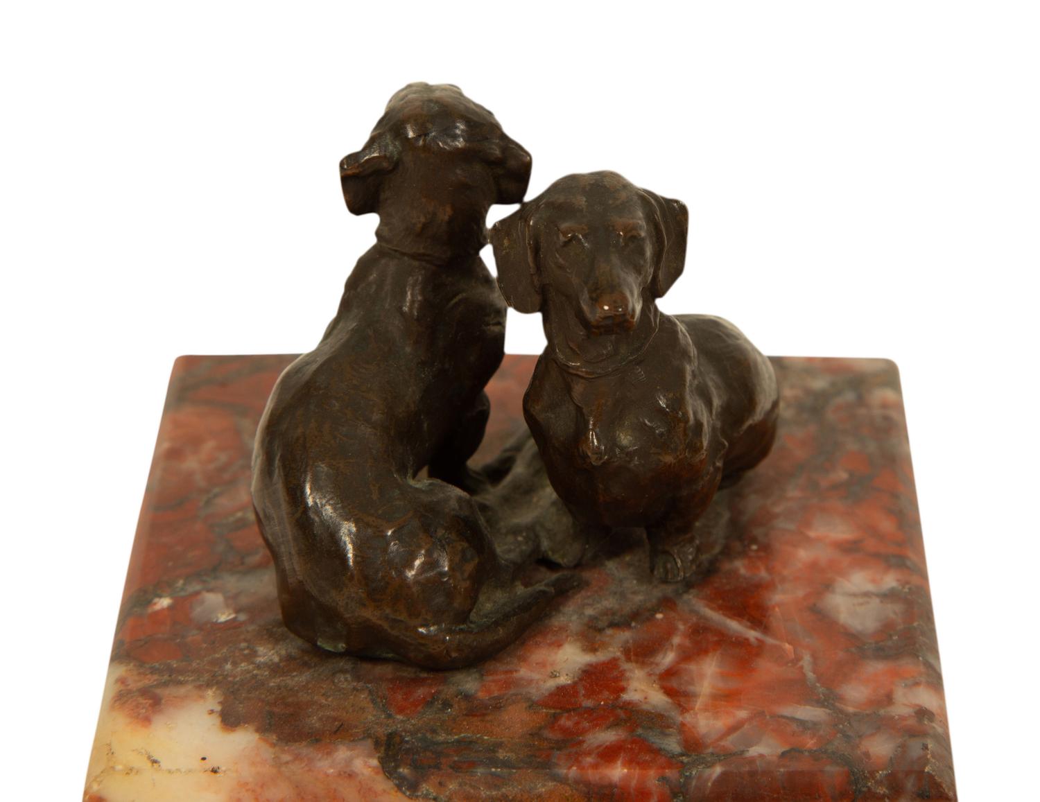 Two Continental Bronze and Marble Dachsund-Themed Desk Accessories