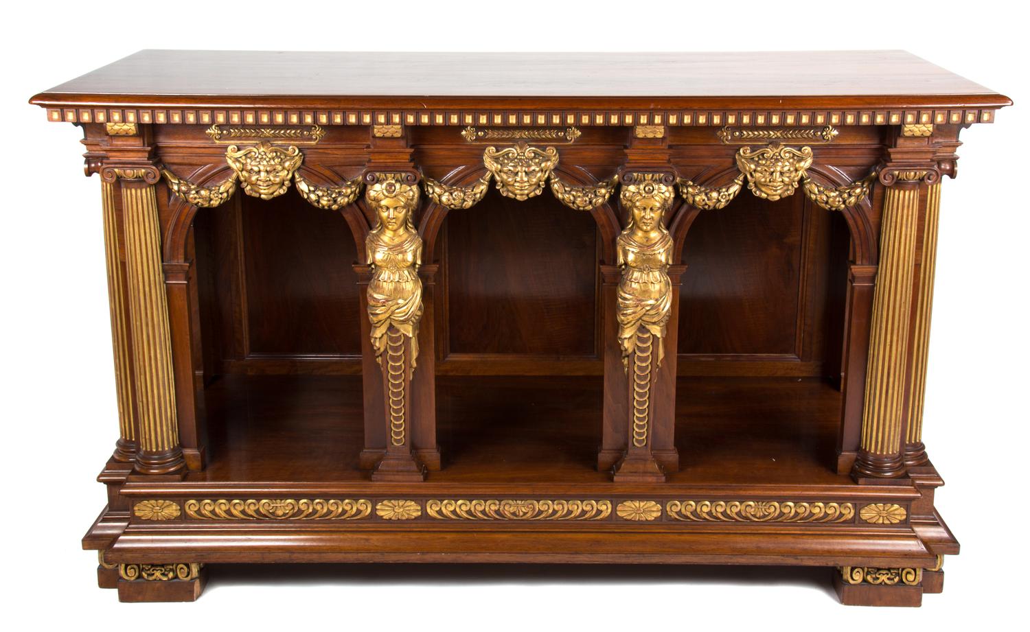 A Continental Empire Style Mahogany and Carved Giltwood Console Table Height 39 x width 66 x depth 27 inches. — 20TH CENTURY