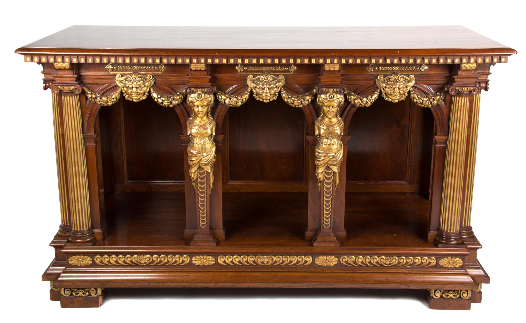 A Continental Empire Style Mahogany and Carved Giltwood Console Table Height 39 x width 66 x depth 27 inches. — 20TH CENTURY