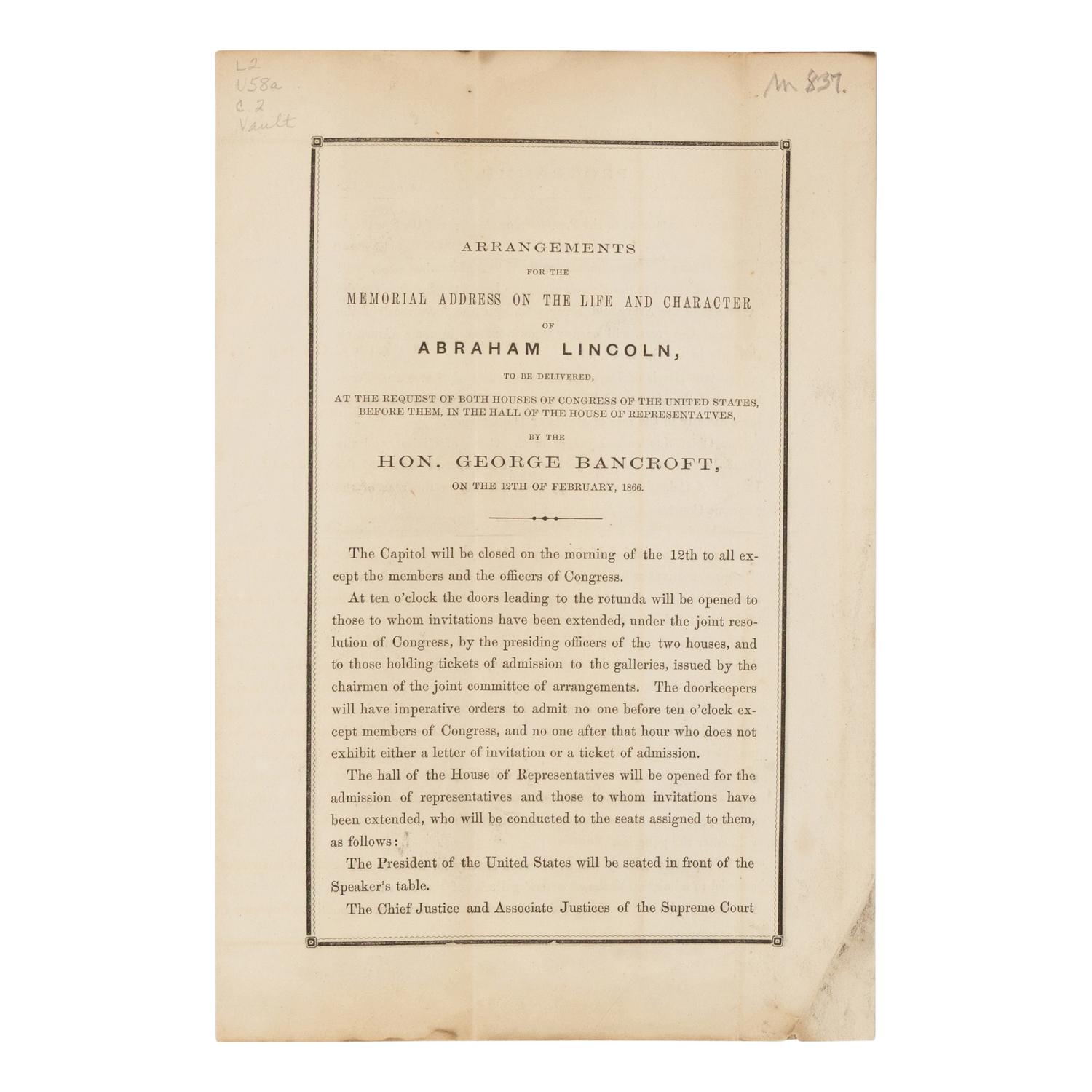 [LINCOLN FUNERAL]. A group of 5 works and pamphlets on Lincoln commemorations and eulogies, comprising: