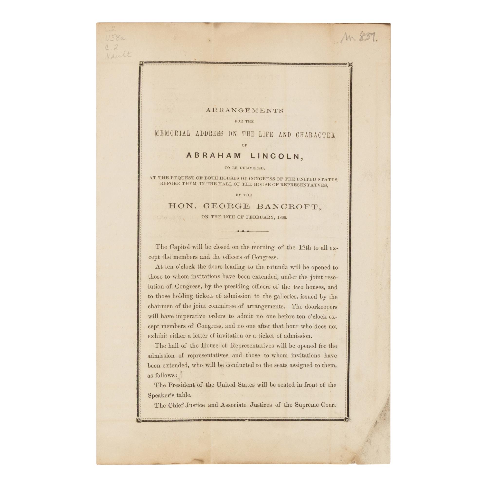 [LINCOLN FUNERAL]. A group of 5 works and pamphlets on Lincoln commemorations and eulogies, comprising:
