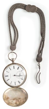 Silver patent lever pocket watch engraved with cavalry scenes.