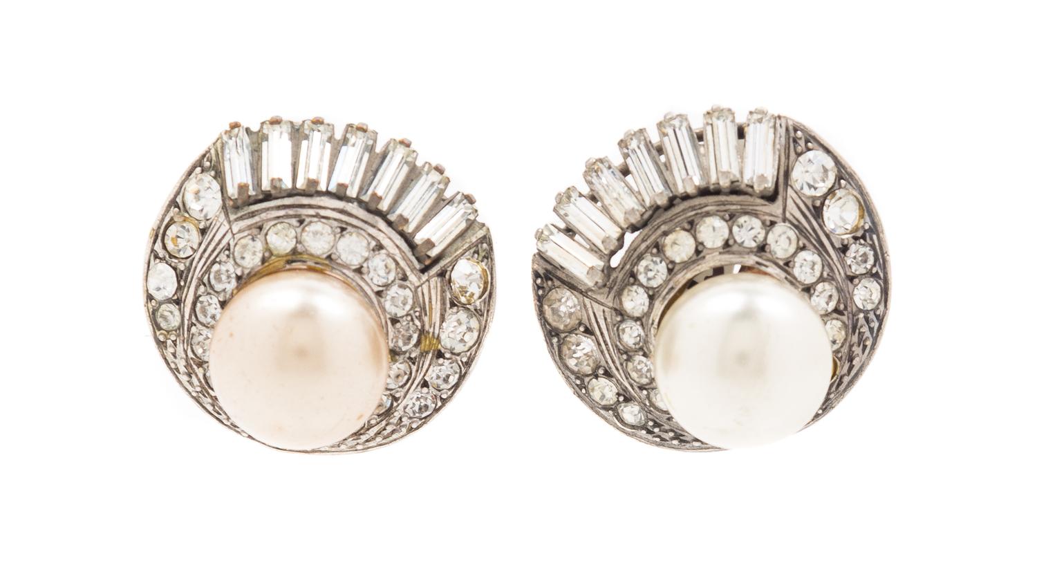A Pair of Chanel Rhinestone and Faux Pearl Earclips, 1" x 1".