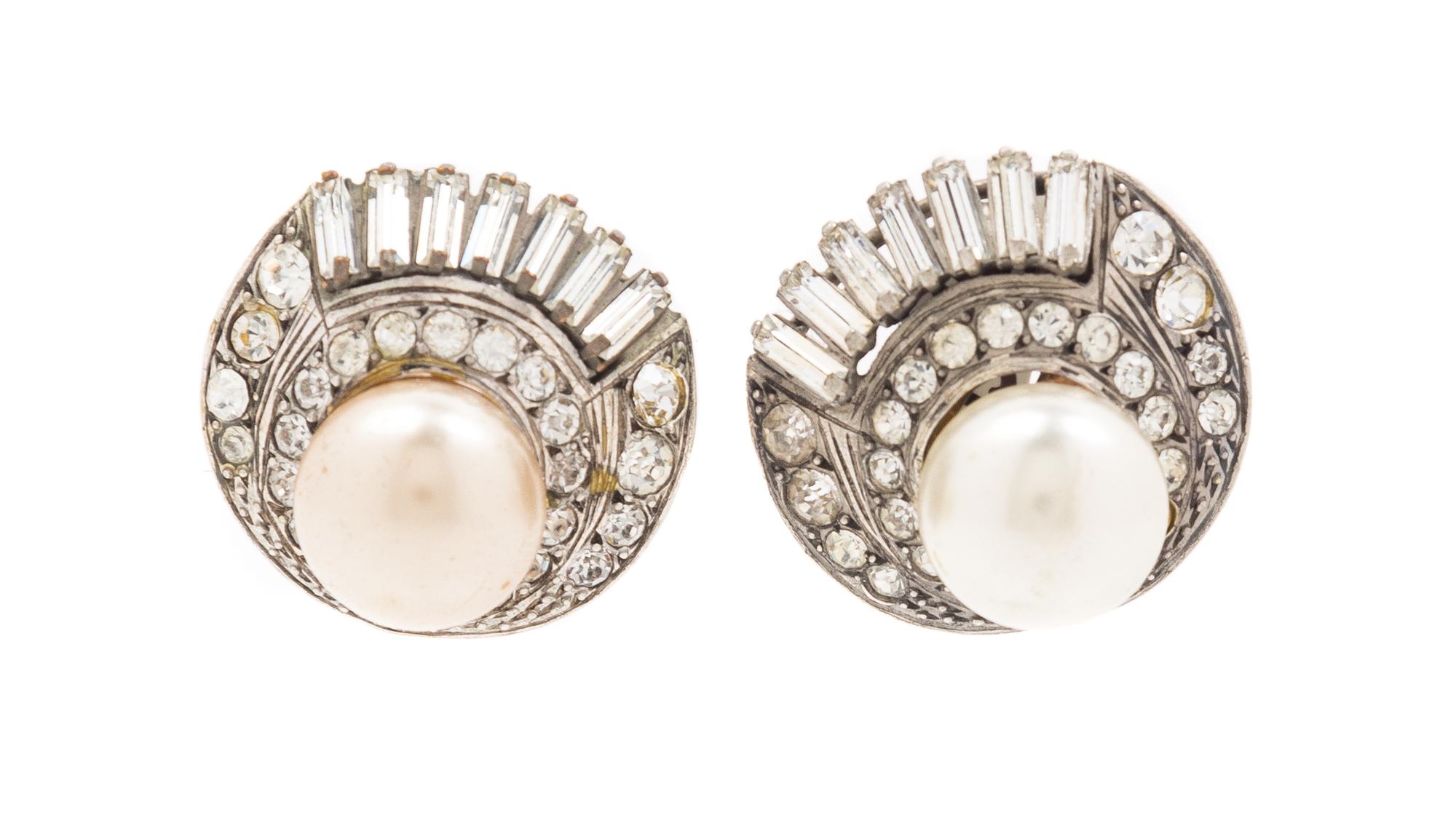 A Pair of Chanel Rhinestone and Faux Pearl Earclips, 1" x 1".