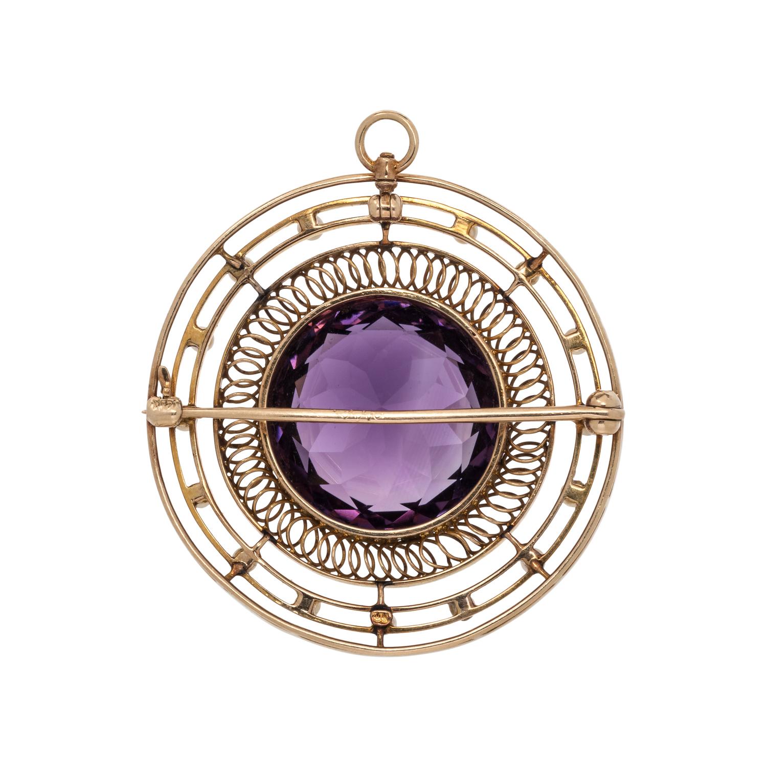 ANTIQUE, YELLOW GOLD, AMETHYST AND SEED PEARL PENDANT/BROOCH