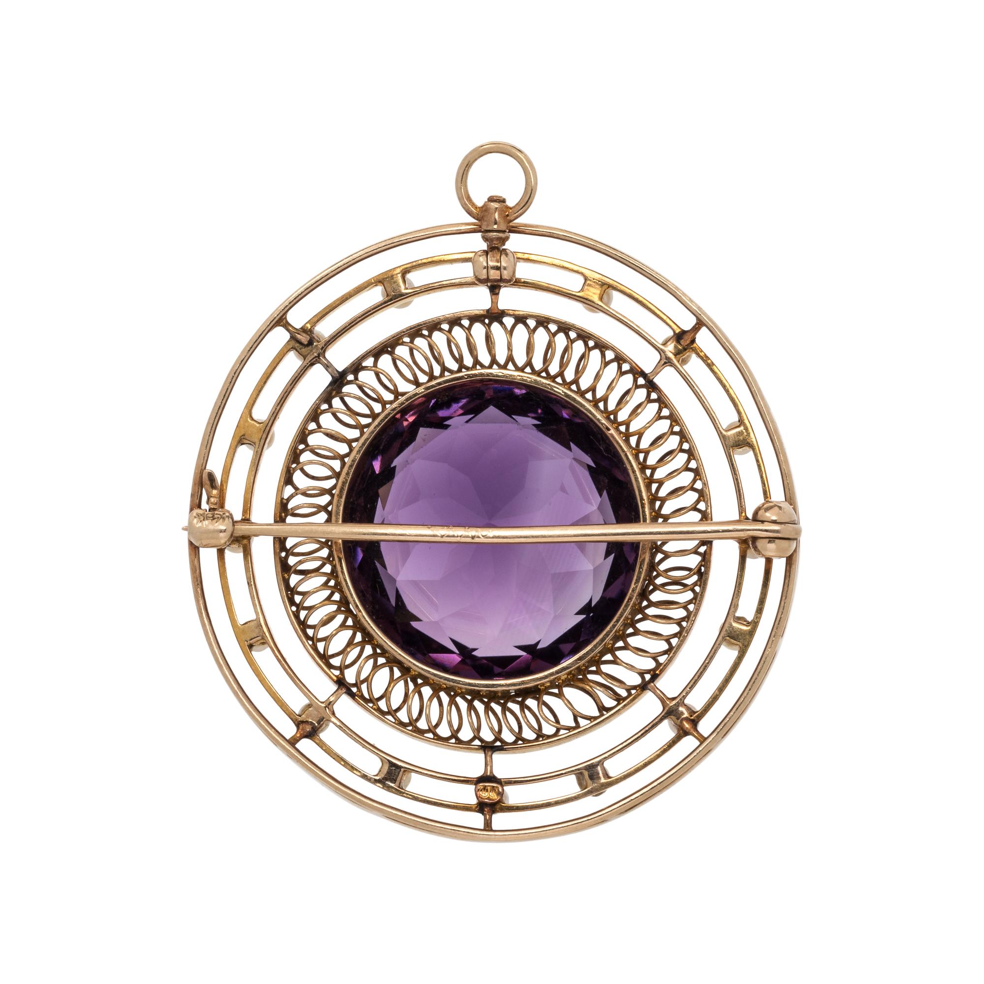 ANTIQUE, YELLOW GOLD, AMETHYST AND SEED PEARL PENDANT/BROOCH