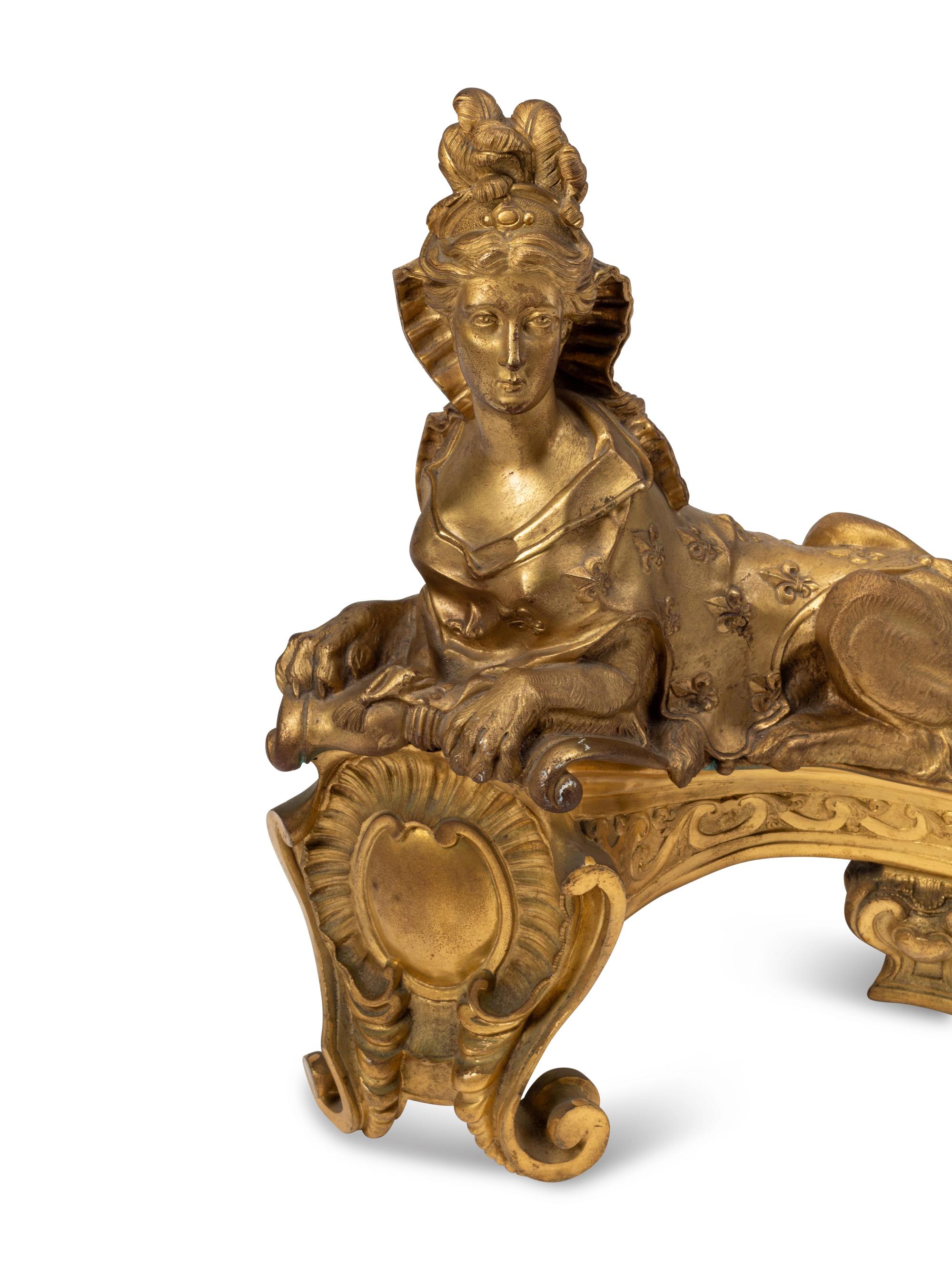 A Pair of French Gilt Bronze Sphinx-Form Chenets