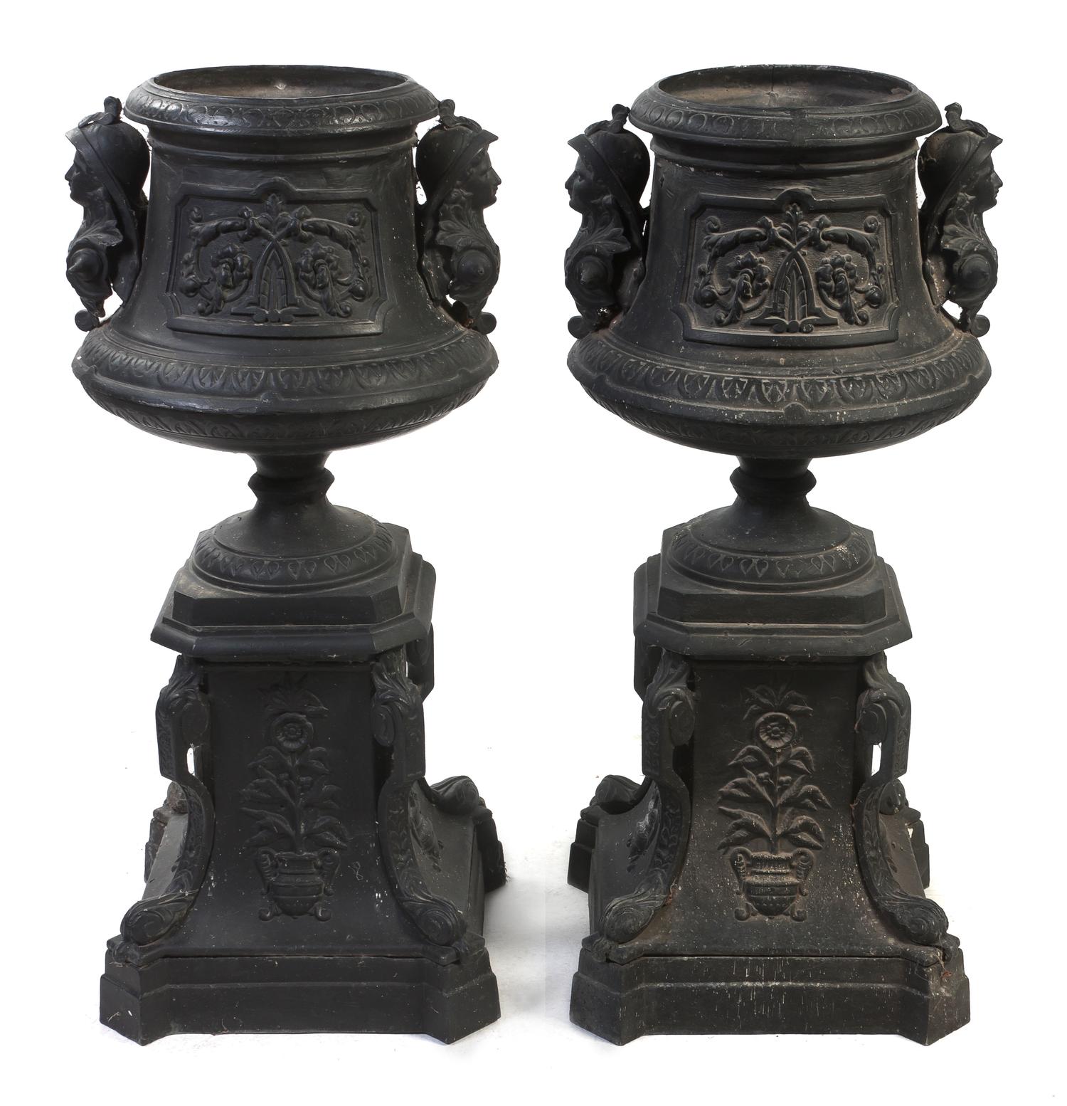 A Pair of Victorian Style Cast Aluminum Urns on Stands, Height 44 inches.