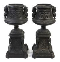 A Pair of Victorian Style Cast Aluminum Urns on Stands, Height 44 inches.