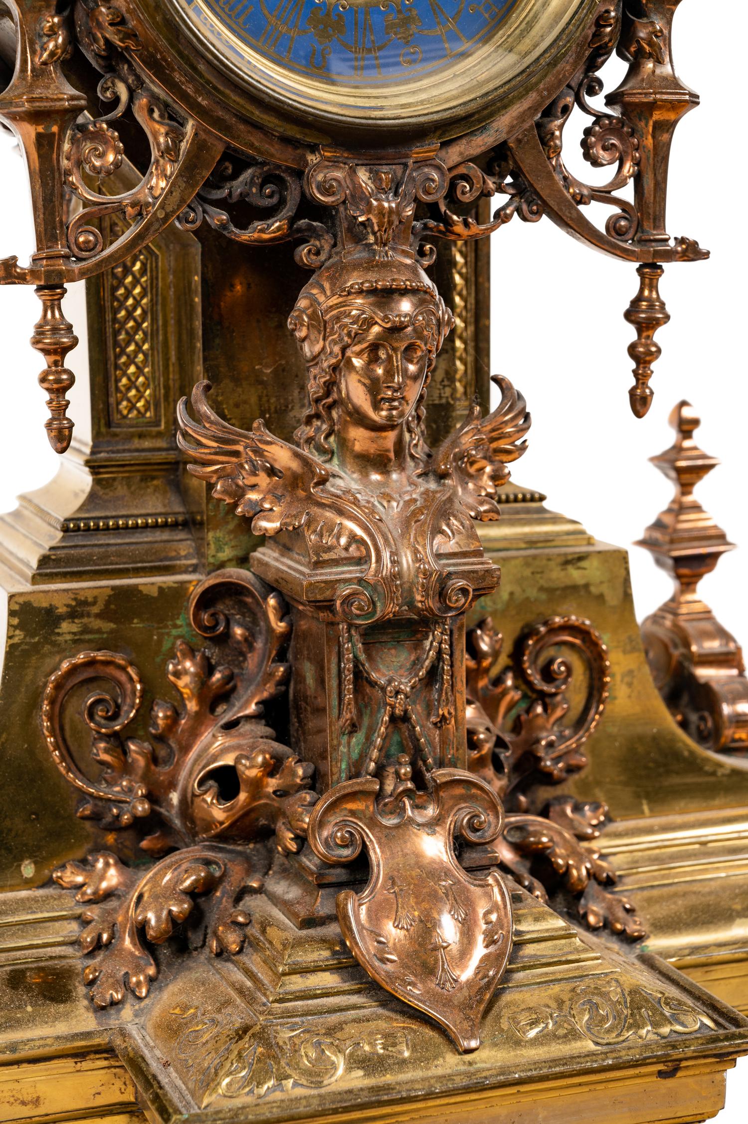 A French Gothic Revival Gilt Bronze and Brass Mantel Clock Retailed by Tiffany and Co.