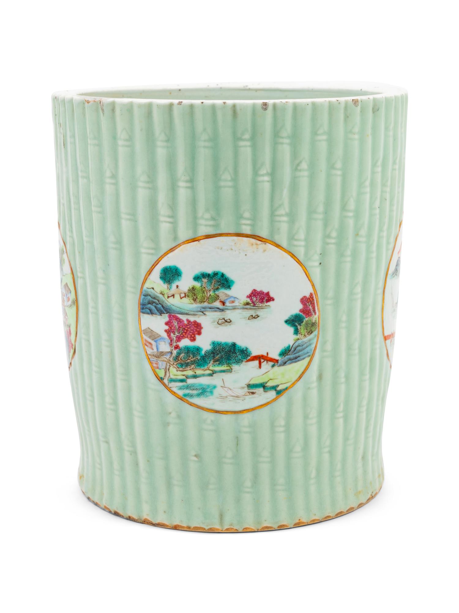 A Large Chinese Famille Rose and Celadon Glazed Porcelain Brushpot