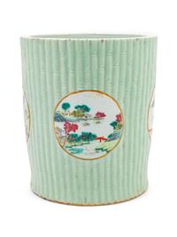 A Large Chinese Famille Rose and Celadon Glazed Porcelain Brushpot