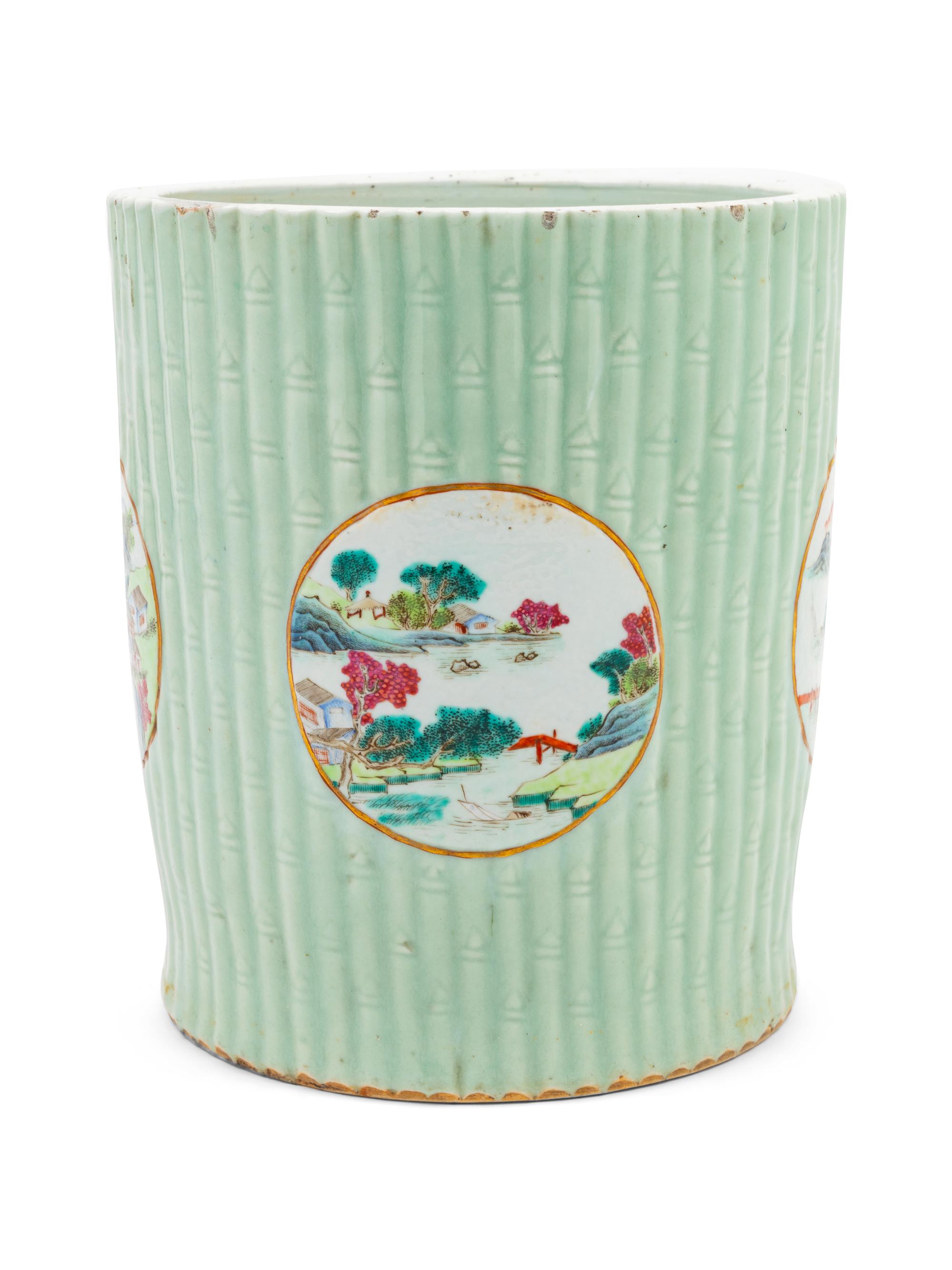 A Large Chinese Famille Rose and Celadon Glazed Porcelain Brushpot