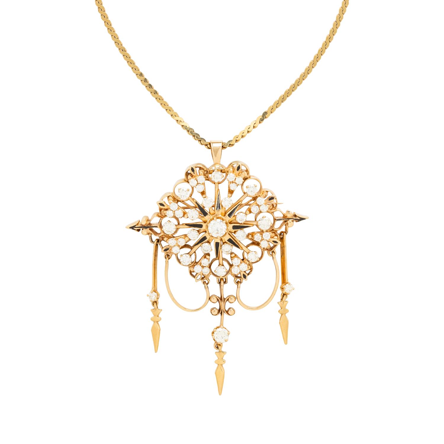 YELLOW GOLD, DIAMOND AND ENAMEL PENDANT/BROOCH