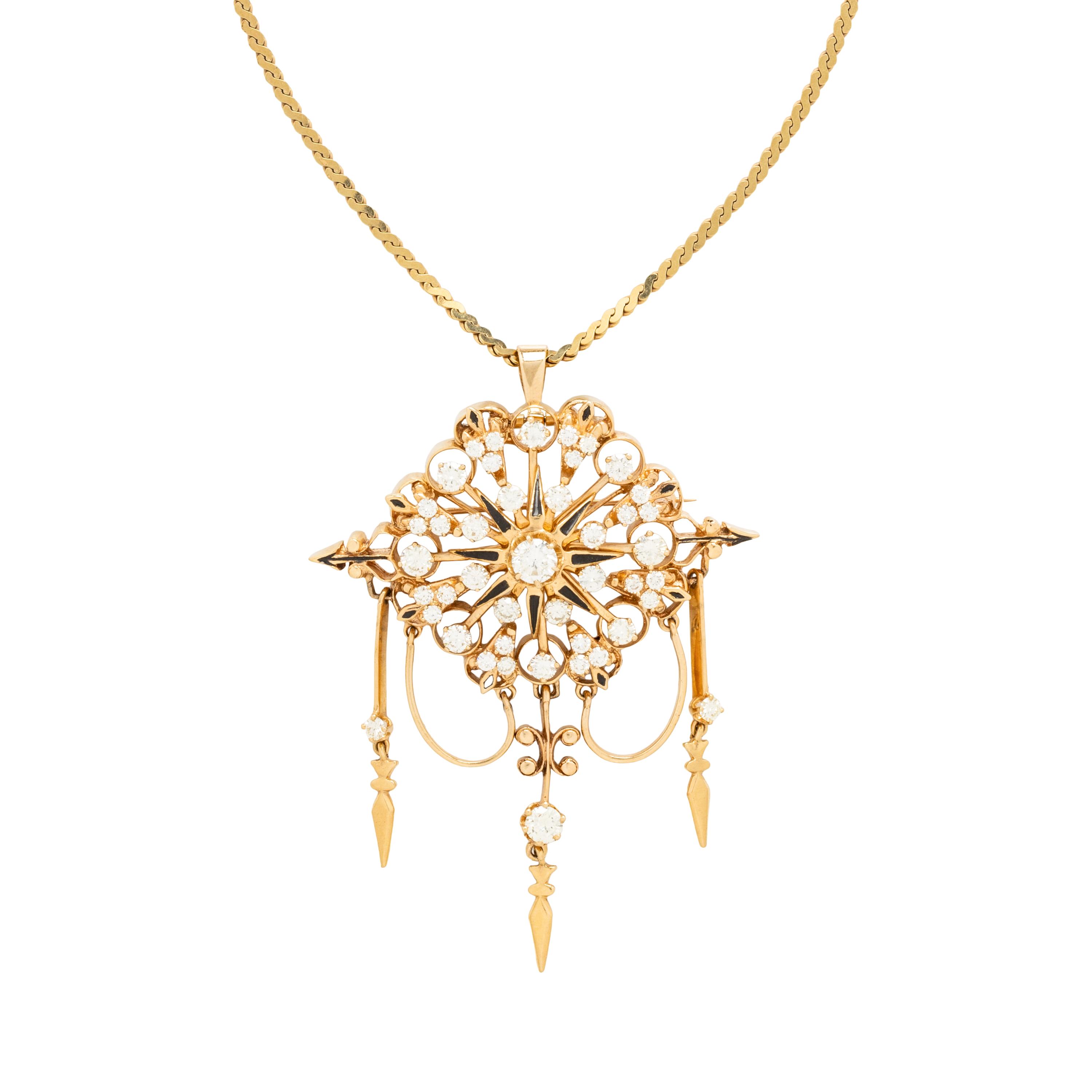 YELLOW GOLD, DIAMOND AND ENAMEL PENDANT/BROOCH