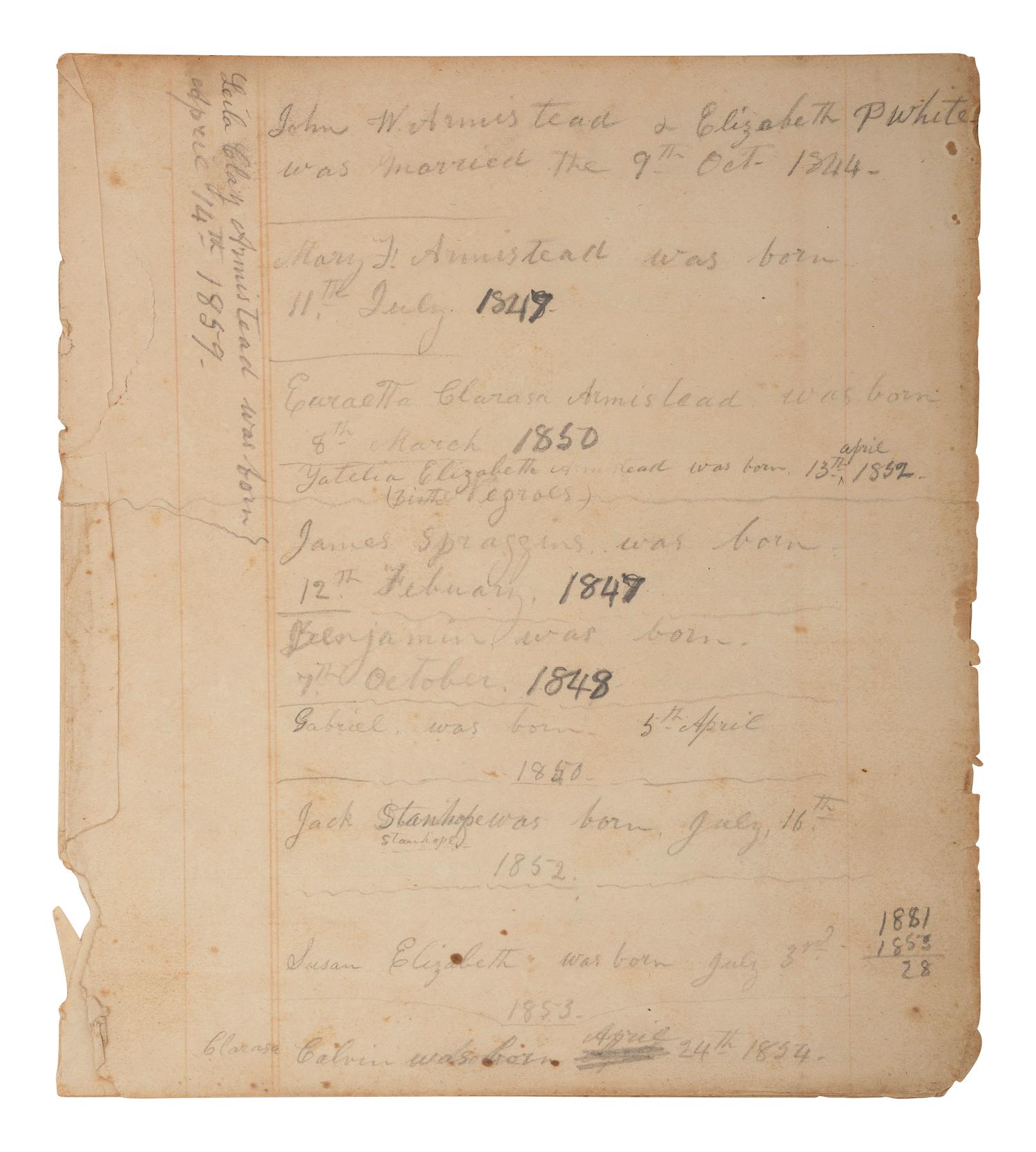 [ENSLAVEMENT & ABOLITION]. Four leaves from a ledger listing the Armistead and White family histories, incl. births of several enslaved individuals.