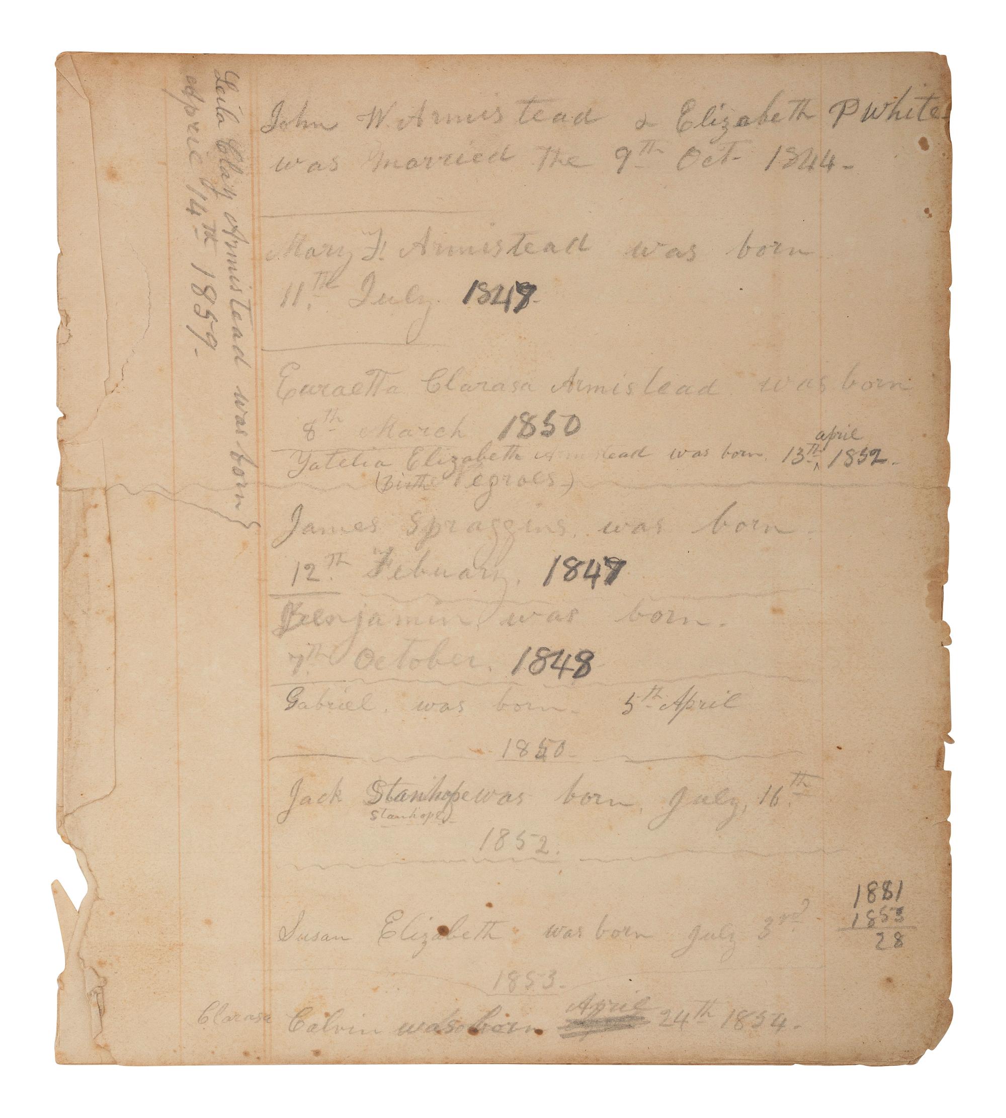 [ENSLAVEMENT & ABOLITION]. Four leaves from a ledger listing the Armistead and White family histories, incl. births of several enslaved individuals.