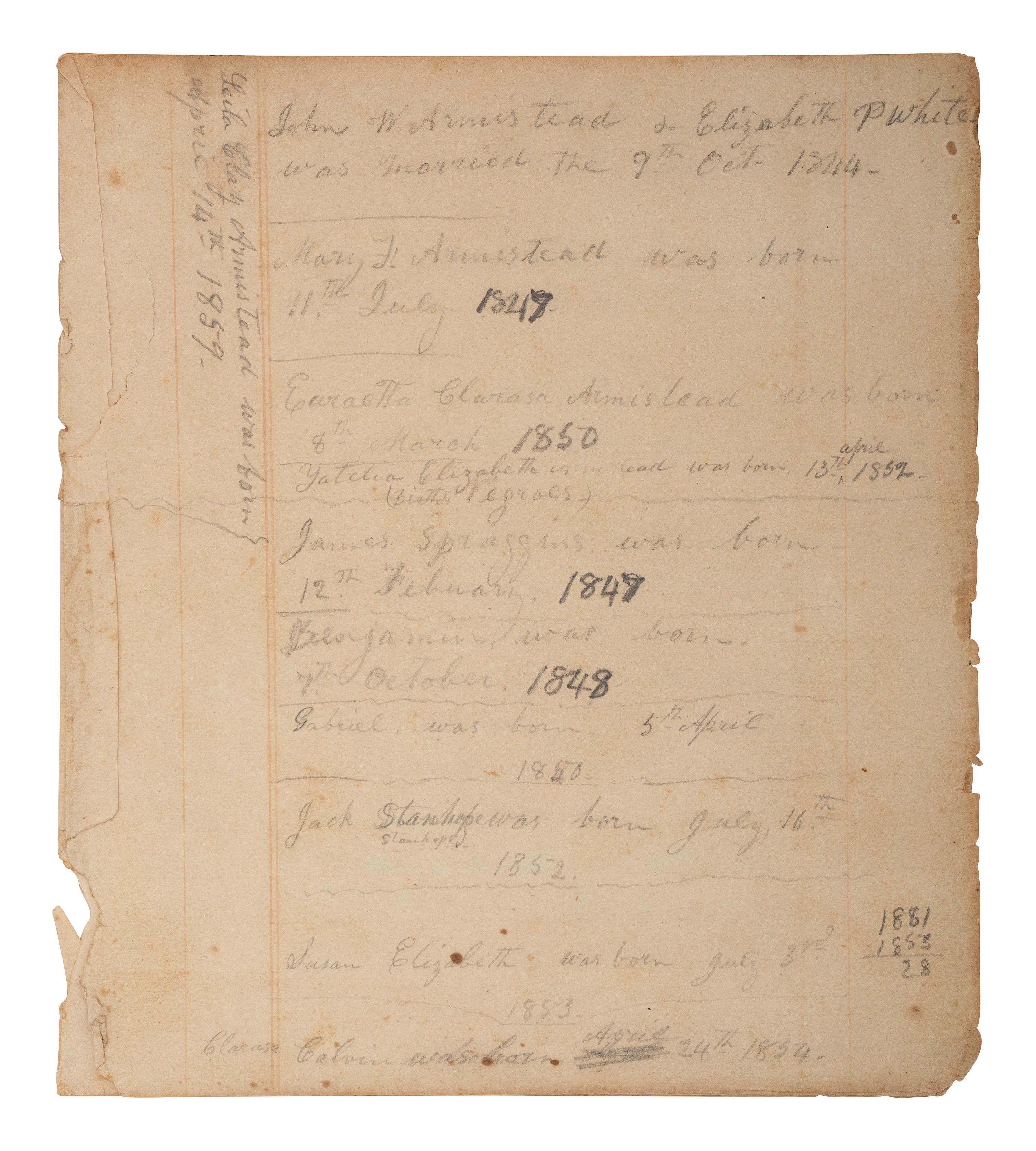 [ENSLAVEMENT & ABOLITION]. Four leaves from a ledger listing the Armistead and White family histories, incl. births of several enslaved individuals.