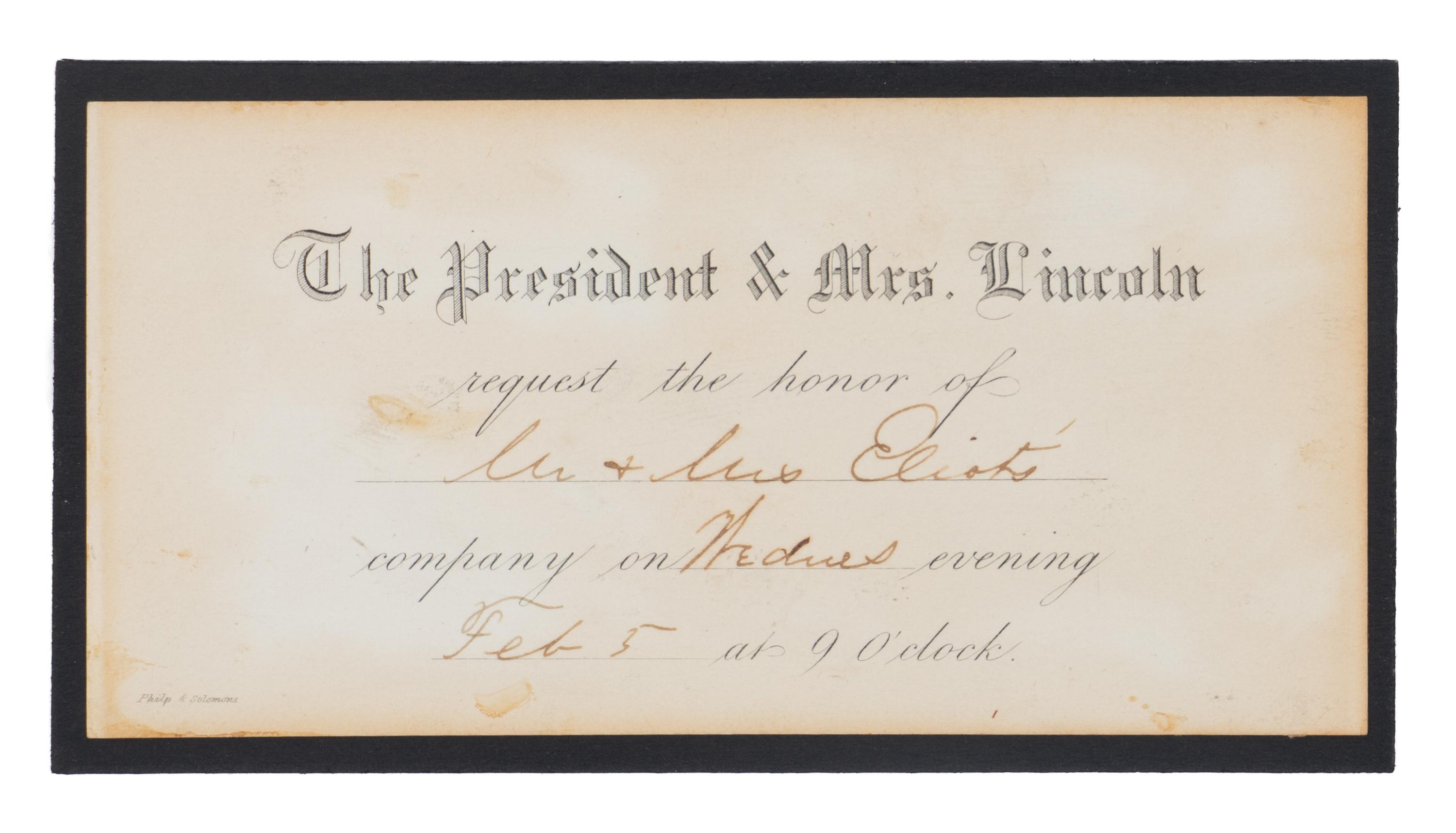 [LINCOLN WHITE HOUSE]. LINCOLN, Mary Todd (1818-1882). Partly engraved invitation to a White House ball, Washington, D.C., 5 February 1862.