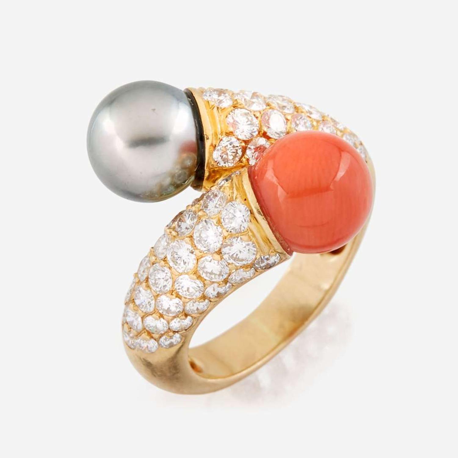 A coral, Tahitian black cultured pearl, diamond, and gold ring, Van Cleef & Arpels