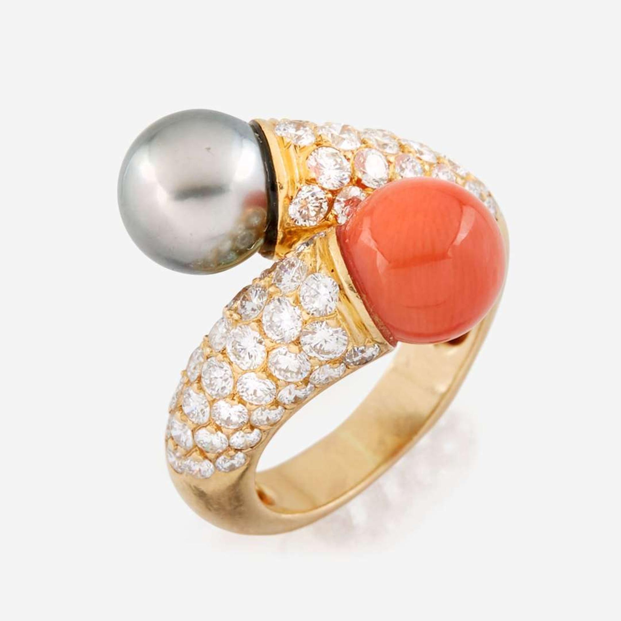 A coral, Tahitian black cultured pearl, diamond, and gold ring, Van Cleef & Arpels